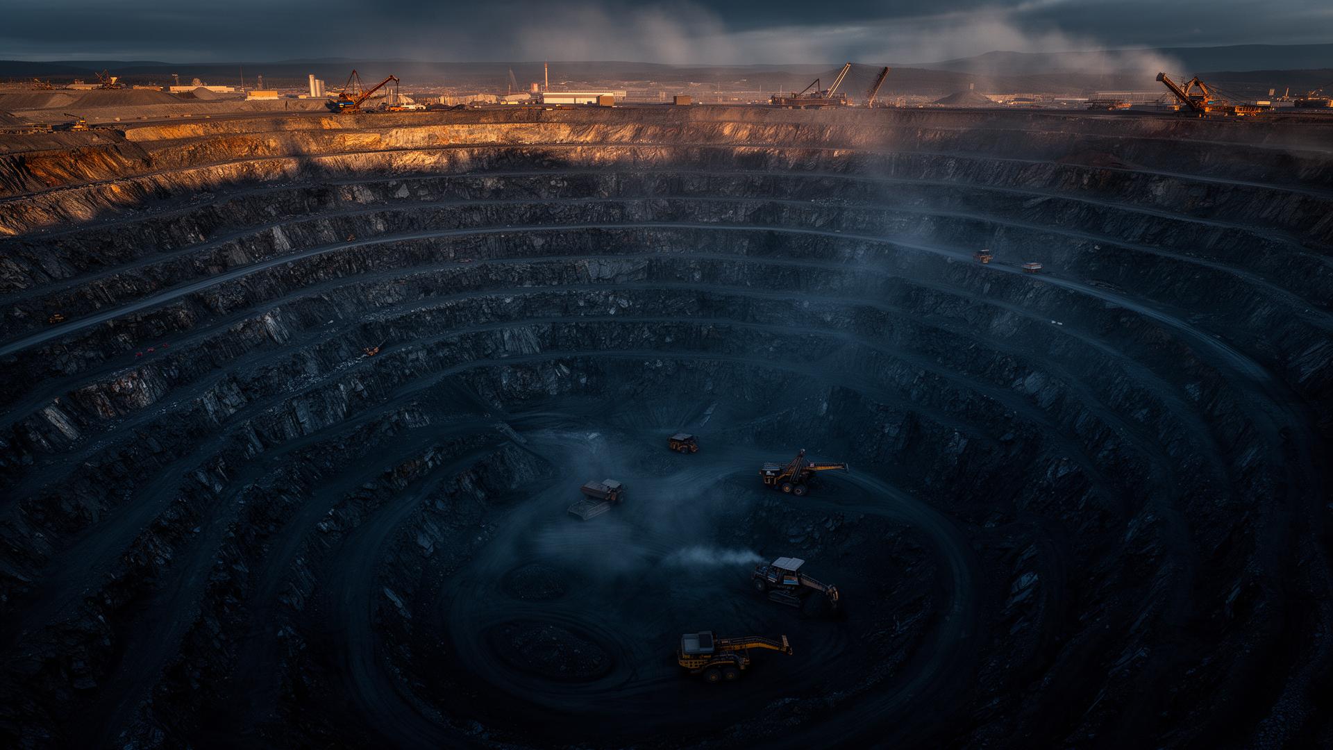 Aerial view of a hard rock open-pit mine at dusk